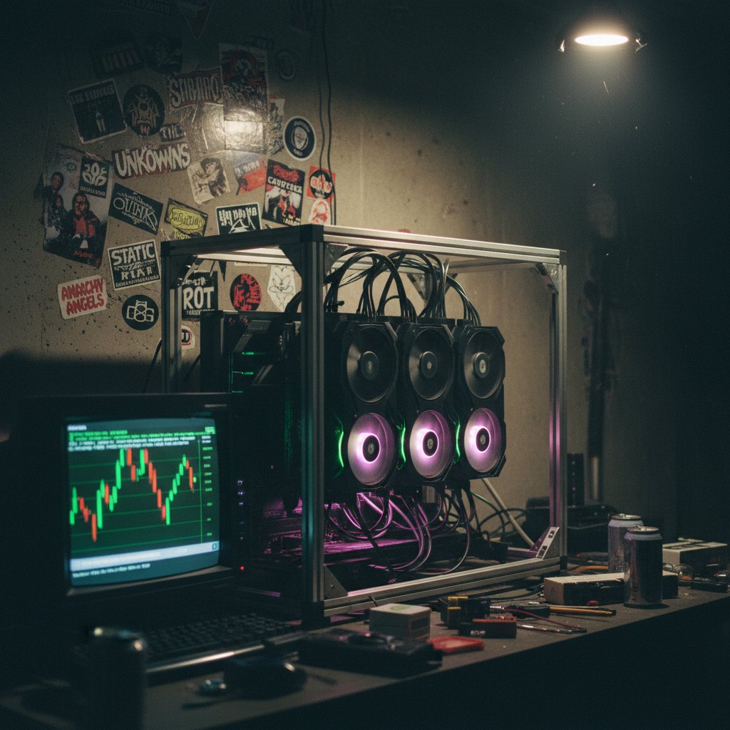 A home GPU cluster glowing green and magenta in a dark garage, monitor showing candlestick charts, punk stickers on the wall
